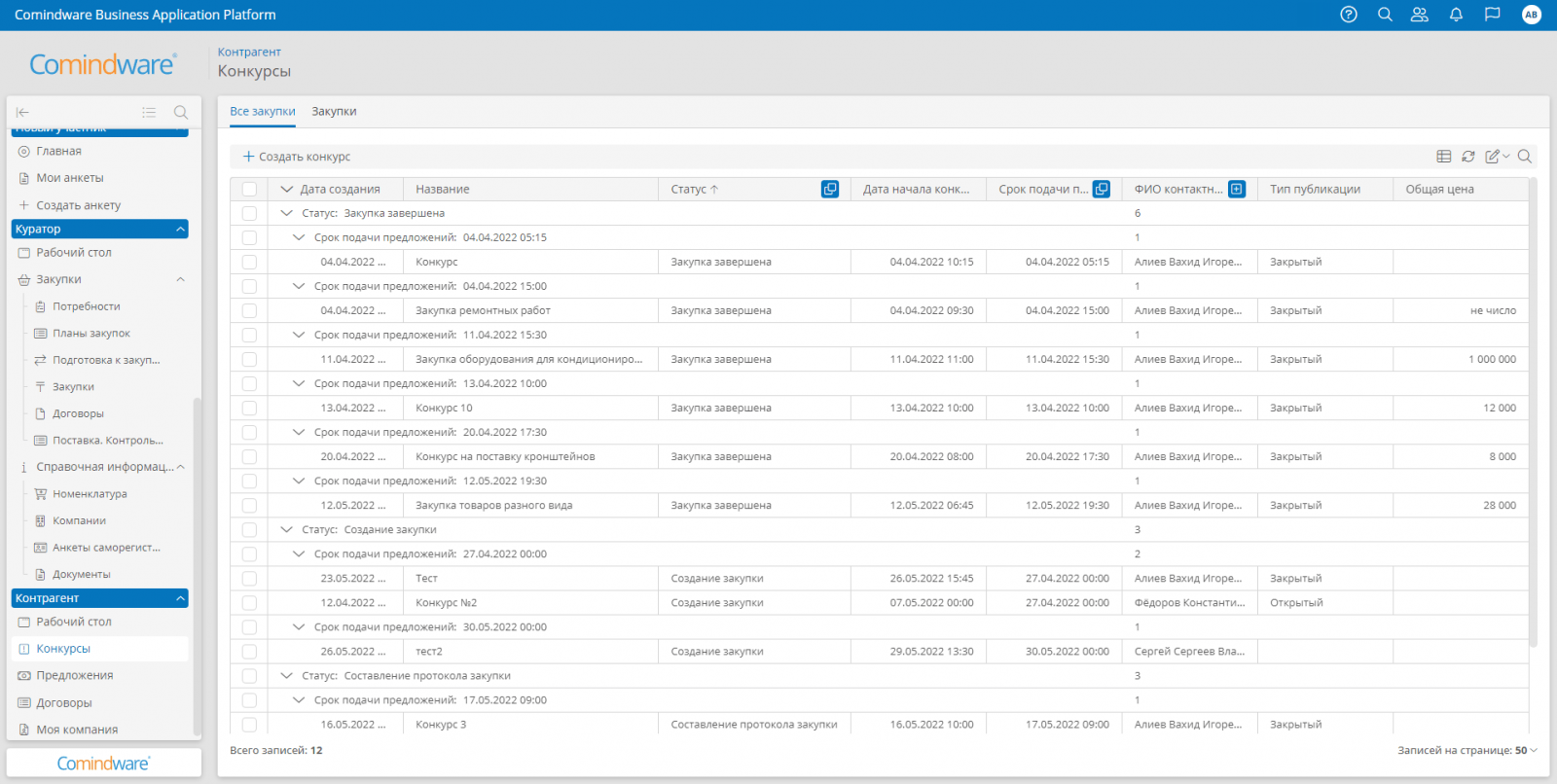 Контроль тендеров в Comindware Управление закупками